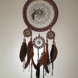 LARGE HANDMADE LEATHER DREAM CATCHER BEAUTIFULLY DETAILED WALL DECOR 36” x 13”